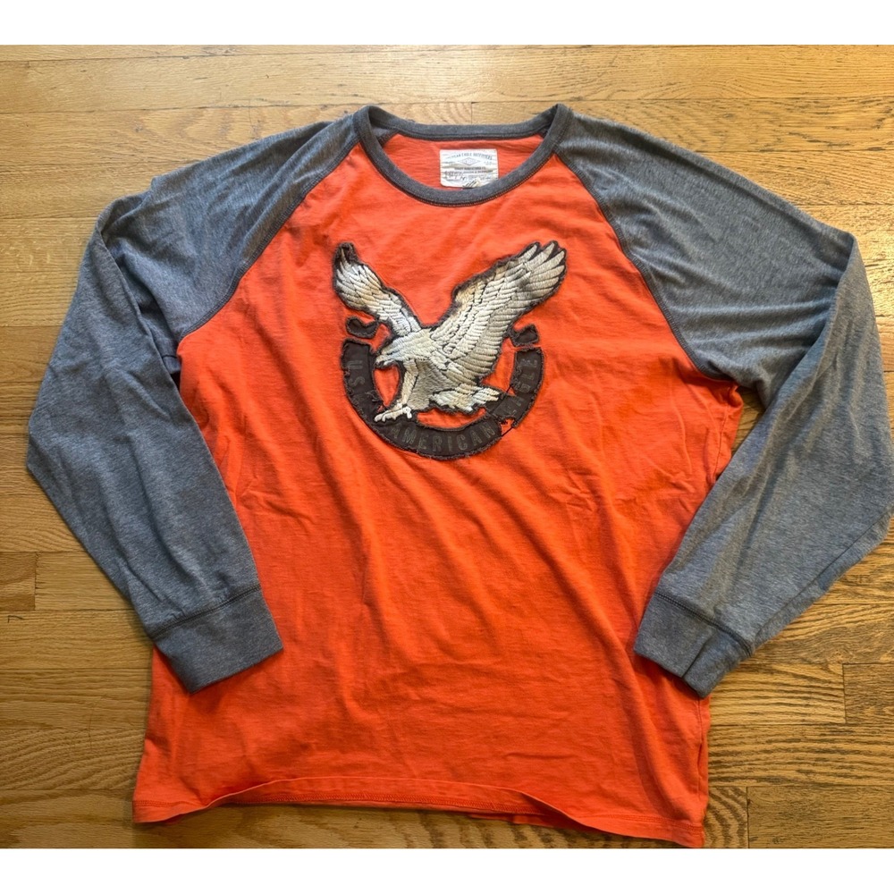 American Eagle Outfitters Shirt Mens Small 3D Eagle Orange Gray Long Sleeve